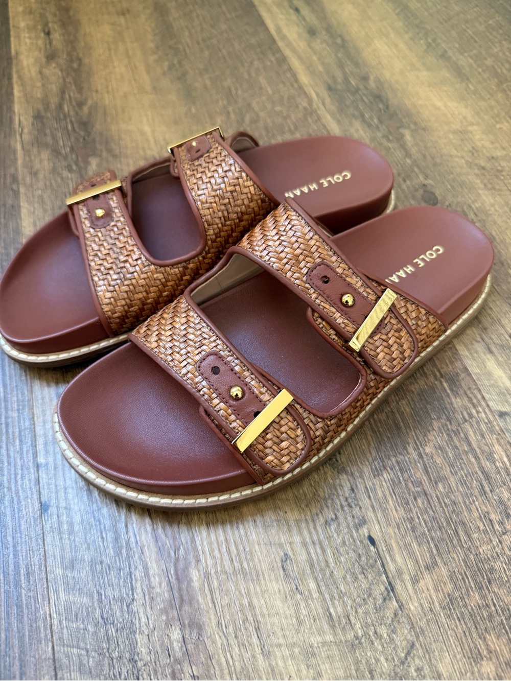 Cole Haan Brown Woven Double-Strap Slide Sandals with Gold Accents